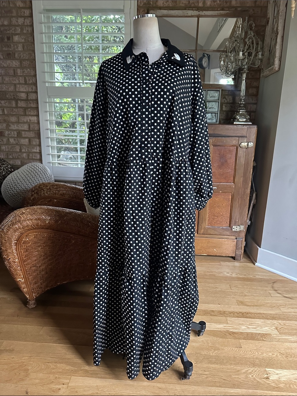 MAEVE ANTHROPOLOGIE BLACK WHITE POLKA DOT SWAN MAXI DRESS 2X NEW